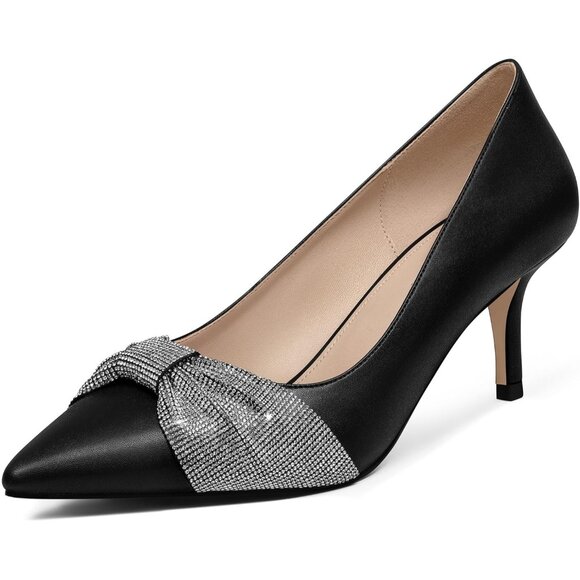 Women's Black Pumps Kitten Heels Closed Toe Rhinestones Bow Comfortable Heels - Picture 1 of 8